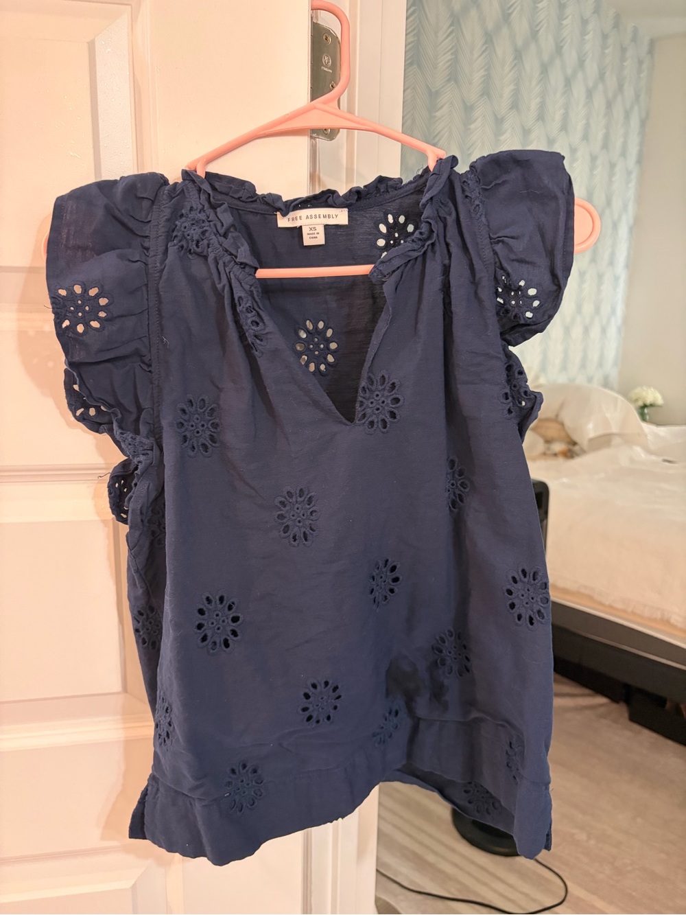 Club Monaco Navy Eyelet Flutter Sleeve Blouse